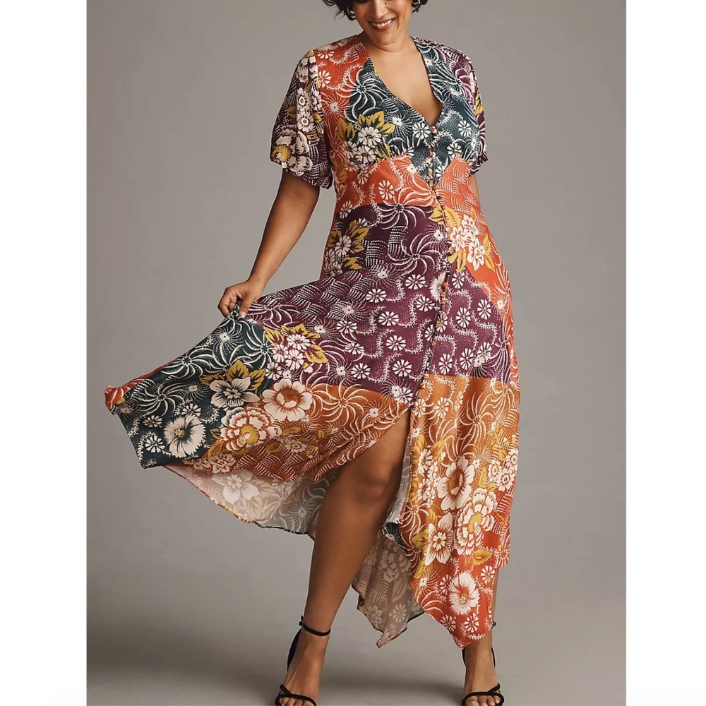 Anthropologie - V-Neck Flutter-Sleeve Buttoned Handkerchief Maxi Dress - 22 / 2X